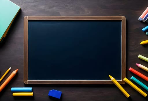 AI generated of a blackboard with colorful pencils and other school supplies on a wooden table