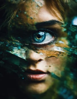Close up shot of a beautiful woman's eye through broken glass. ai generative.