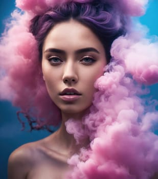Portrait of a beautiful young woman with pink hair and smoke clouds. ai generative.