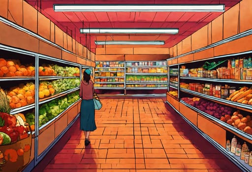 The beautiful woman is looking at the shelves to buy something from the supermarket. ai generative.