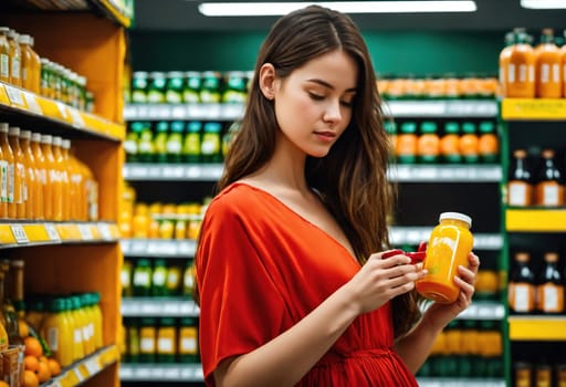 The beautiful woman is looking at the shelves to buy something from the supermarket. ai generative.