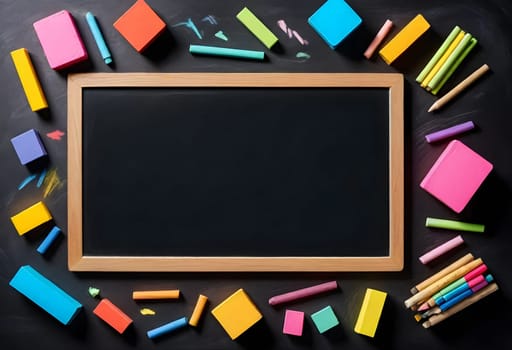 AI generated of a blackboard surrounded by colorful crayons and markers