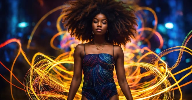Beautiful african american woman with afro hairstyle and outlined in light. ai generative.
