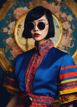 Fashion portrait of young beautiful asian woman with short hairstyle and sunglasses in a stylish dress. ai generative.