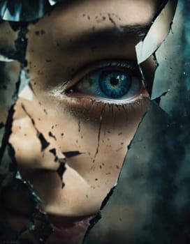 Close up shot of a beautiful woman's eye through broken glass. ai generative.