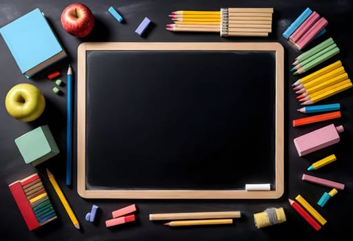 AI generated of school supplies and chalkboard on black background