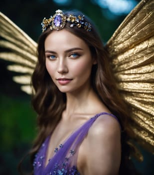Beautiful young woman in a purple dress with make up and flowers. Beauty, fashion. ai generative.