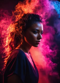 Beautiful young woman with colorfull hair in colorful smoke. ai generative.