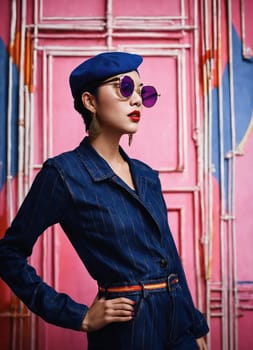 Fashion portrait of young beautiful asian woman with short hairstyle and sunglasses in a stylish dress. ai generative.