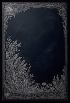 AI generated of a blackboard with a black background and a white hand drawn flowers frame