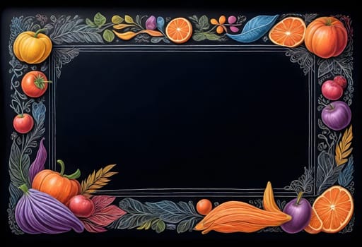 AI generated of a blackboard with a black frame and a bunch of fruits and vegetables