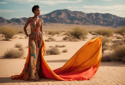 fashion photo of beautiful woman in a long luxurious dress posing. ai generative.