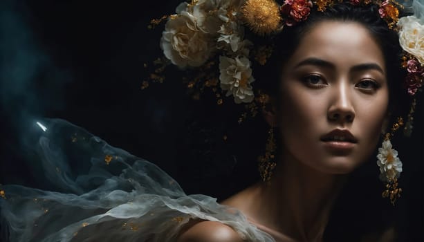 Beautiful young woman in a wreath of flowers dancing flamenco. ai generative.