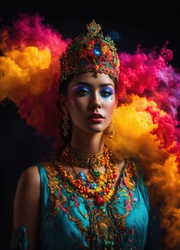 Beautiful young woman with colorfull hair in colorful smoke. ai generative.