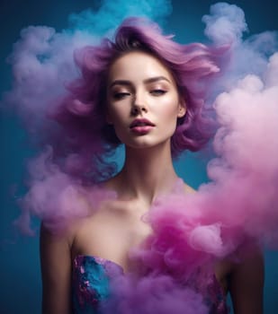 Portrait of a beautiful young woman with pink hair and smoke clouds. ai generative.