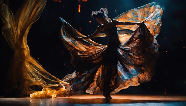 Beautiful young woman in a wreath of flowers dancing flamenco. ai generative.