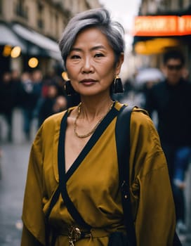 60 year old Asian female model in Paris Fashion Week. ai generative.