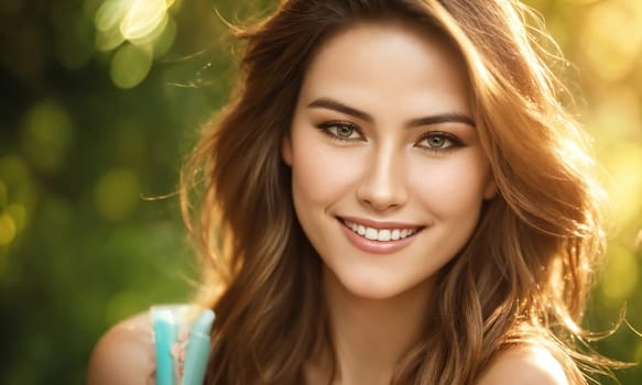 close up of beautiful woman smiling.  summer holidays, vacation, travel and people concept. ai generative.