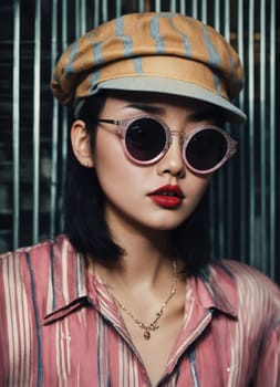 Fashion portrait of young beautiful asian woman with short hairstyle and sunglasses in a stylish dress. ai generative.