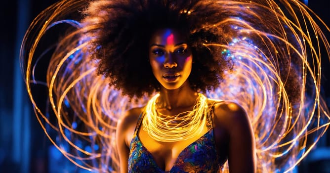 Beautiful african american woman with afro hairstyle and outlined in light. ai generative.