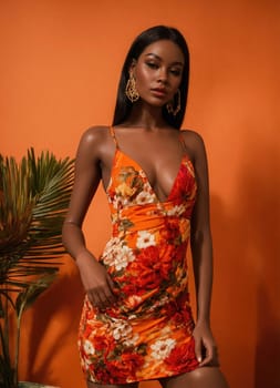 Fashionable evening orange summer dress on a mannequin. ai generative. ai generative.