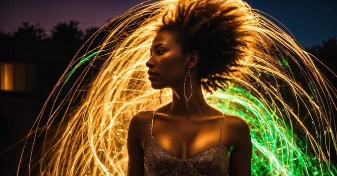 Beautiful african american woman with afro hairstyle and outlined in light. ai generative.