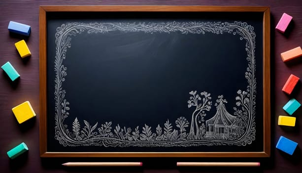 AI generated of a chalkboard with a house on it surrounded by colorful chalks