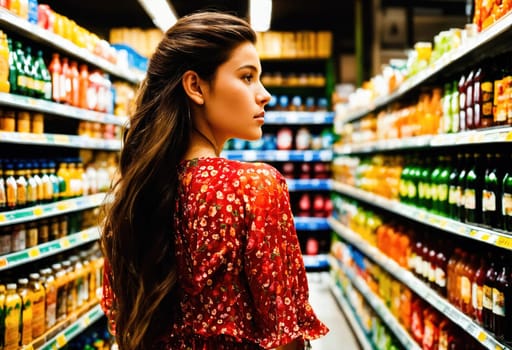 The beautiful woman is looking at the shelves to buy something from the supermarket. ai generative.