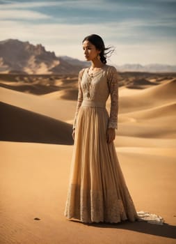 Portrait of a beautiful woman in the desert at sunset, wearing a long white dress. ai generative.