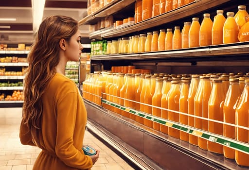 The beautiful woman is looking at the shelves to buy something from the supermarket. ai generative.