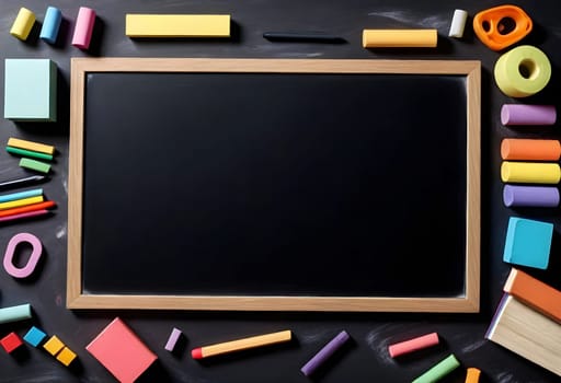 AI generated of a blackboard surrounded by various school supplies