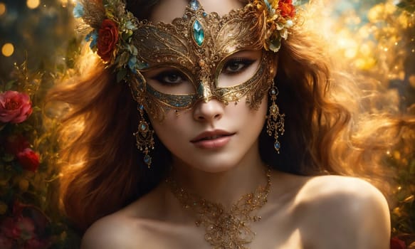Beautiful young woman in a Venetian mask at the masquerade. ai generative.