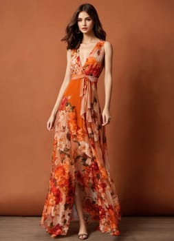 Fashionable evening orange summer dress on a mannequin. ai generative. ai generative.