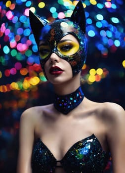 Portrait of a beautiful young woman with bright make up and Venetian mask. ai generative.