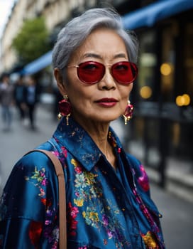 60 year old Asian female model in Paris Fashion Week. ai generative.