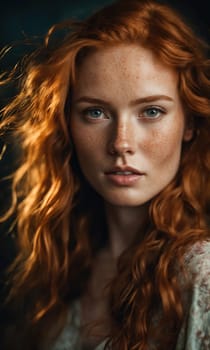 Portrait of a beautiful redhead girl with freckles on her face. ai generative.