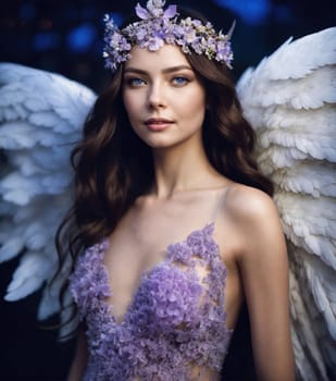 Beautiful young woman in a purple dress with make up and flowers. Beauty, fashion. ai generative.