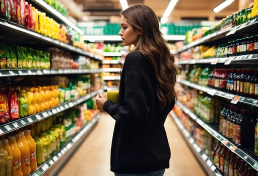 The beautiful woman is looking at the shelves to buy something from the supermarket. ai generative.