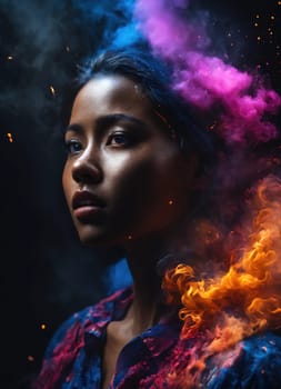 Beautiful young woman with colorfull hair in colorful smoke. ai generative.