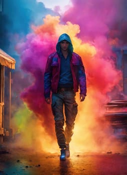 Beautiful young man with colorfull hair in colorful smoke. ai generative.