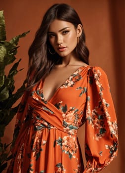 Fashionable evening orange summer dress on a mannequin. ai generative. ai generative.