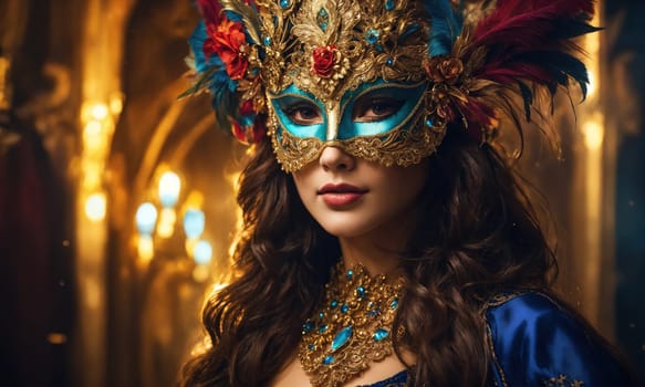Beautiful young woman in a Venetian mask at the masquerade. ai generative.
