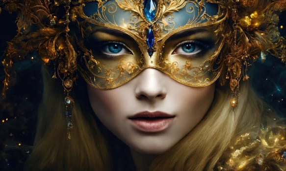 Beautiful young woman in a Venetian mask at the masquerade. ai generative.