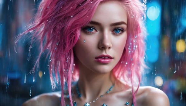 Close-up portrait of a beautiful girl with pink hair and blue eyes. ai generative.