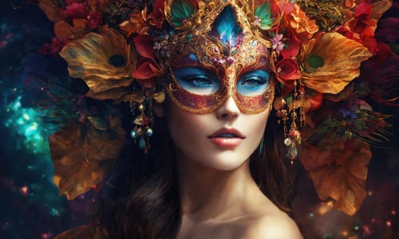 Beautiful young woman in a Venetian mask at the masquerade. ai generative.