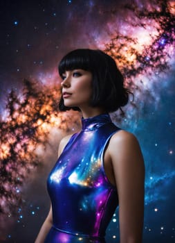 Portrait of beautiful brunette woman in shiny evening dress against night sky. ai generative.