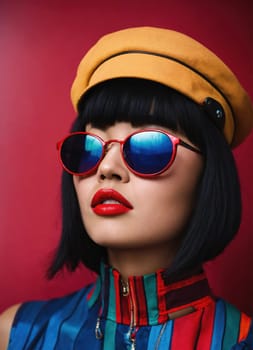 Fashion portrait of young beautiful asian woman with short hairstyle and sunglasses in a stylish dress. ai generative.