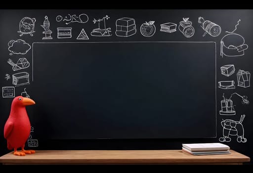 AI generated of a red bird stands next to a blackboard with doodles on it