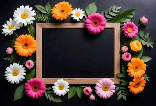 AI generated of a blackboard surrounded by flowers and leaves