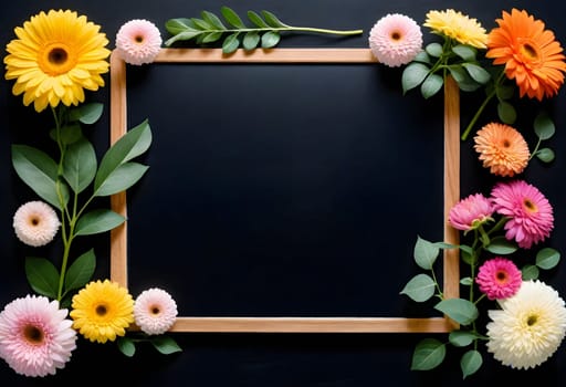 AI generated of a wooden frame with flowers on a black background